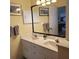 Bathroom featuring double sinks, ample counter space, a large mirror, and a walk-in shower at 802 Montrose Dr # 204, Venice, FL 34293