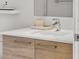 Bathroom sink with wood cabinets, white counter, and large mirror at 111 S Pineapple Ave # 813, Sarasota, FL 34236