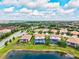 Aerial view of homes with screened pools backing onto a lake with verdant lawns in a planned community at 13112 Swiftwater Way, Bradenton, FL 34211
