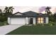 New home features a two-car garage, black roof, and a well manicured green lawn at 155 Swift St, Port Charlotte, FL 33954