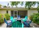Backyard with seating area around a fire pit, screened in Lanai, all surrounded by lush landscaping at 1715 Fossil Dr, Englewood, FL 34223