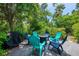 Backyard with seating area around a fire pit, surrounded by lush landscaping and a privacy screen of mature trees at 1715 Fossil Dr, Englewood, FL 34223