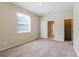 Bedroom with carpet, a window with blinds, and two doorways at 20316 Natures Corner Dr, Tampa, FL 33647