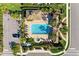 Stunning aerial view of a pool and spa with palm trees and a parking lot at this luxurious community at 4416 Amalfi Ave, Sarasota, FL 34243