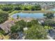 High angle shot of a property featuring a screened-in pool, adjacent to a pond and mature trees at 4627 56Th E Dr, Bradenton, FL 34203