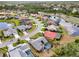 An aerial view of a neighborhood with tree-lined streets, mature landscaping, and screened pools at 5750 Carriage Dr, Sarasota, FL 34243
