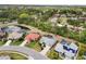An aerial view of a residential neighborhood with mature trees and lush landscaping at 5750 Carriage Dr, Sarasota, FL 34243