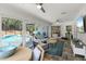 Screened-in sunroom featuring comfortable seating, a view of the pool, and outdoor dining at 5750 Carriage Dr, Sarasota, FL 34243