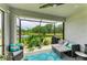 Inviting screened lanai with outdoor furniture, plants, and serene views of the pond and landscape at 6094 Amberly Dr, Bradenton, FL 34208