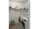 Bright laundry area features a modern washer and dryer set, shelves for storage, and space-saving green stool at 6101 34Th W St # 28E, Bradenton, FL 34210
