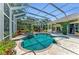 Screened-in pool with lush landscaping and an outdoor dining area at 8105 Warwick Gardens Ln, University Park, FL 34201