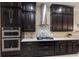 Stylish kitchen featuring stainless steel appliances, dark cabinets, and tile backsplash at 13706 American Prairie Pl, Lakewood Ranch, FL 34211