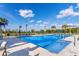 Community pool featuring lounge chairs, palm trees and umbrellas on a sunny day at 13848 American Prairie Pl, Lakewood Ranch, FL 34211