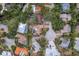 Overhead shot of homes in a wooded neighborhood featuring various architectural styles and pool at 1809 Buccaneer Ter, Sarasota, FL 34231