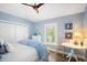 Nautical themed bedroom with blue walls, white trim, and a ceiling fan at 229 S Harbor Dr, Holmes Beach, FL 34217