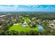 Gorgeous aerial view of the community with a pool, playground, and sports courts, surrounded by lush greenery and mature trees at 3303 Pine Top Dr, Valrico, FL 33594