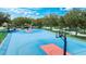 Aerial view of the community basketball courts, painted in blue and red, set among mature trees at 3303 Pine Top Dr, Valrico, FL 33594