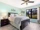 Spacious bedroom features light walls, hardwood floors, large windows, and a relaxing view of the golf course at 3627 Longmeadow # 39, Sarasota, FL 34235