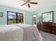 Bedroom with wide windows, light colored walls, and ceiling fan at 3627 Longmeadow # 39, Sarasota, FL 34235