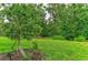 A sprawling green lawn, mature trees and plantings create a peaceful backyard retreat at 15605 Derna Ter, Bradenton, FL 34211
