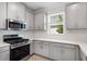 Close up of kitchen with gray cabinets, stainless appliances, and white subway tile at 16234 Isola Pl, Bradenton, FL 34211