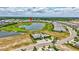Stunning aerial view of a community featuring beautiful homes, a serene lake, and lush landscaping at 251 Okeeffe Cir, Bradenton, FL 34212