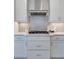 Close-up of gas range and tile backsplash in modern kitchen with stainless steel vent hood at 251 Okeeffe Cir, Bradenton, FL 34212