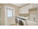 A functional laundry room featuring modern washer and dryer, storage, and access to outside at 878 Freeling Dr, Sarasota, FL 34242