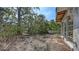 Backyard with patio area and surrounding lush trees, offering a private outdoor space ready for renovation at 120 Hammock Rd, Anna Maria, FL 34216
