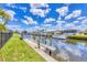 Tranquil waterfront view with private boat dock and lush green lawn and landscaping at 4312 Vasco St, Punta Gorda, FL 33950
