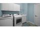 Modern laundry room featuring a washer, dryer, utility sink, white cabinets and a blue accent wall at 4542 Cedar Brush Ter, Sarasota, FL 34243
