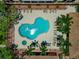 Overhead view of community pool, hot tub, and lounge area offering a serene resort-like experience at 5561 Cannes Cir # 5101, Sarasota, FL 34231