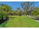 Expansive backyard with lush green lawn, screened-in pool, and bordered by mature trees for added privacy at 5805 49Th E Ct, Ellenton, FL 34222