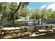 Inviting pool deck featuring picnic tables with scenic views of trees and the swimming pool at 4514 Trails Dr, Sarasota, FL 34232