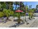 Serene backyard view with stone patio, featuring tropical landscaping with an umbrella-covered table at 5385 Avenida Del Mare, Sarasota, FL 34242