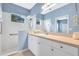 Bright bathroom featuring a walk-in shower, a large mirror, and white cabinets at 11835 Crawford Parrish Ln, Parrish, FL 34219