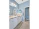 Light and airy bathroom with blue walls, a large mirror, and a convenient toilet room at 11835 Crawford Parrish Ln, Parrish, FL 34219