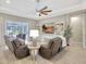 Open-concept living room featuring comfortable seating, a large TV, built-in shelving, and an outdoor view at 13918 Old Creek Ct, Parrish, FL 34219