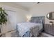 Bright bedroom featuring a blue wooden bed frame, grey rug, and decoratively placed plant at 3806 72Nd E Ter, Sarasota, FL 34243