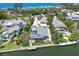Beautiful aerial view of waterfront homes with pools and docks, surrounded by lush greenery at 5920 Gulf Of Mexico Dr, Longboat Key, FL 34228