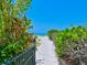 Sandy beach path with green and brown bushes on either side leads to the blue ocean at 5920 Gulf Of Mexico Dr, Longboat Key, FL 34228