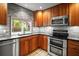 The renovated kitchen is equipped with stainless steel appliances, granite countertops, and stylish backsplash at 6512 Bowline Dr, Sarasota, FL 34231