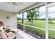 A cozy screened in lanai with comfortable chairs and a serene view of the golf course at 7637 Sweetbay Cir, Bradenton, FL 34203