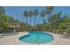 Resort-style community pool with surrounding lounge chairs and well manicured landscaping with mature palm trees at 4517 Las Brisas Ln, Sarasota, FL 34238