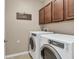 Functional laundry room with modern washer and dryer, plus storage cabinets at 11507 84Th Street E Cir # 102, Parrish, FL 34219