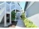 A paved walkway leads between condo buildings with lush green landscaping, and stairs leading up to the second floor entrance at 1226 Siesta Bayside Dr # 1226C, Sarasota, FL 34242