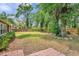 Large backyard with a mature tree line, wood fence, and a brick patio at 3006 Wister Cir, Valrico, FL 33596
