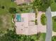 An aerial shot showcases the home's layout, private pool, tile roof, and manicured landscaping at 3936 Spyglass Hill Rd, Sarasota, FL 34238