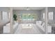 Bright living room featuring tile floors, a ceiling fan, and French doors leading to the pool at 3936 Spyglass Hill Rd, Sarasota, FL 34238