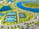 Aerial view of community tennis courts surrounded by lush landscaping and winding waterways at 5333 Coral Reef Way, Bradenton, FL 34211